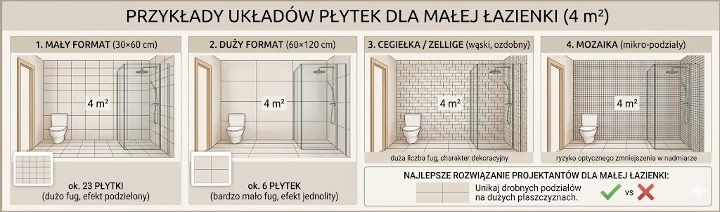 Porównanie układów płytek do małej łazienki 4 m²: format 30x60 cm, 60x120 cm, cegiełka zellige i mozaika